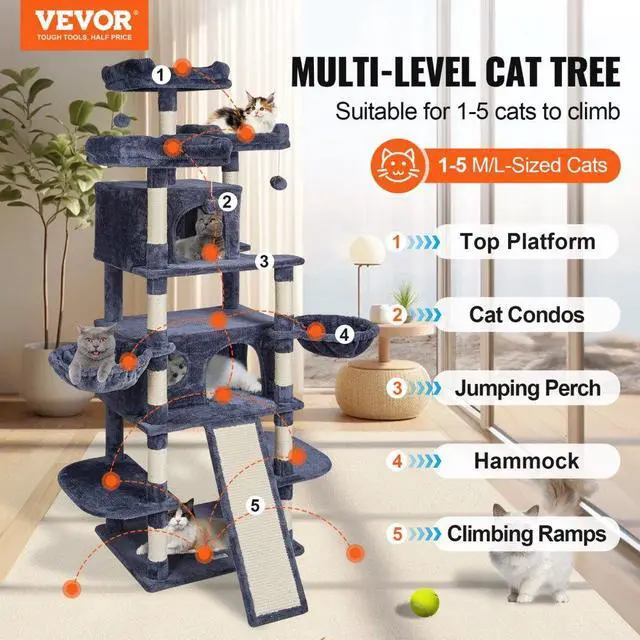 Alt view image 2 of 7 - VEVOR Cat Tree 68.5" Cat Tower for Indoor Cats with Cat Condos Scratching Post