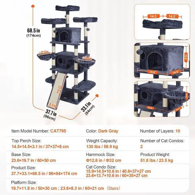 Alt view image 7 of 7 - VEVOR Cat Tree 68.5" Cat Tower for Indoor Cats with Cat Condos Scratching Post