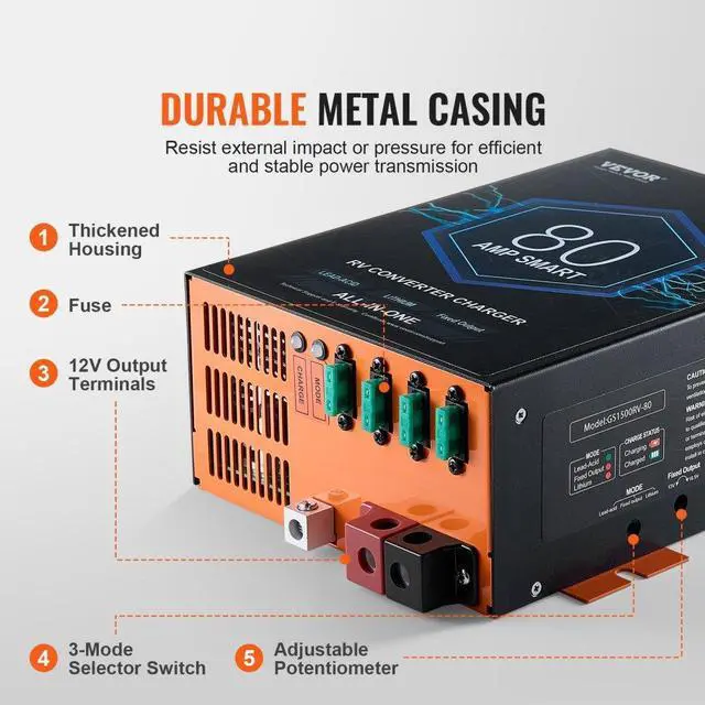 Alt view image 6 of 7 - VEVOR RV Converter 80 Amp 110V AC to 12V DC RV Power Converter Battery Charger