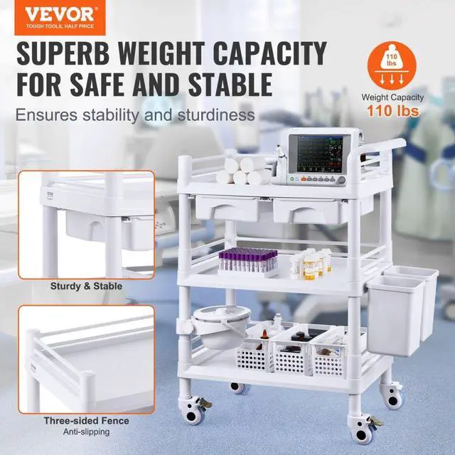 Alt view image 2 of 7 - VEVOR  3 Tiers Lab Carts Mobile Medical Cart with 3 Trays & 3 Trash Cans White, Trolley Storage Cart with PP Material, Lab Rolling Cart with 4 Silent Wheels for Lab, Clinic, Hospital, Salon, Office