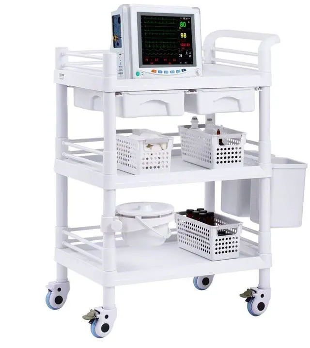 Main image of VEVOR  3 Tiers Lab Carts Mobile Medical Cart with 3 Trays & 3 Trash Cans White, Trolley Storage Cart with PP Material, Lab Rolling Cart with 4 Silent Wheels for Lab, Clinic, Hospital, Salon, Office