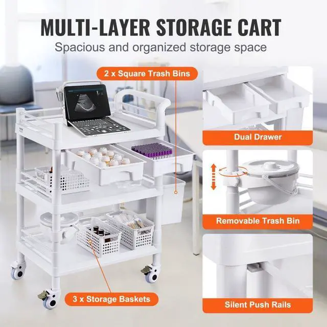Alt view image 5 of 7 - VEVOR  3 Tiers Lab Carts Mobile Medical Cart with 3 Trays & 3 Trash Cans White, Trolley Storage Cart with PP Material, Lab Rolling Cart with 4 Silent Wheels for Lab, Clinic, Hospital, Salon, Office