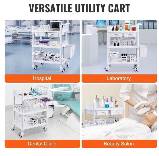 Alt view image 6 of 7 - VEVOR  3 Tiers Lab Carts Mobile Medical Cart with 3 Trays & 3 Trash Cans White, Trolley Storage Cart with PP Material, Lab Rolling Cart with 4 Silent Wheels for Lab, Clinic, Hospital, Salon, Office