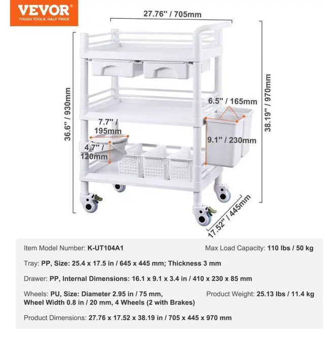 Alt view image 7 of 7 - VEVOR  3 Tiers Lab Carts Mobile Medical Cart with 3 Trays & 3 Trash Cans White, Trolley Storage Cart with PP Material, Lab Rolling Cart with 4 Silent Wheels for Lab, Clinic, Hospital, Salon, Office