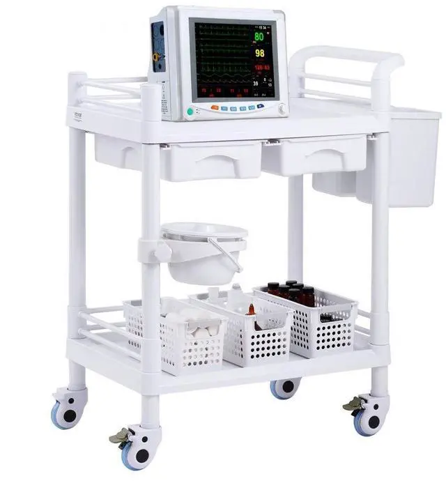 Main image of VEVOR 2 Tiers Lab Carts Mobile Medical Cart 2 Trays 2 Drawers 3 Trash Cans White, Trolley Storage Cart with PP Material, Lab Rolling Cart with 4 Silent Wheels for Lab, Clinic, Hospital, Salon, Office
