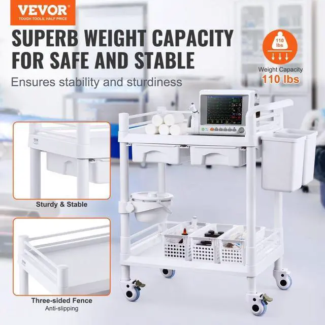 Alt view image 2 of 7 - VEVOR 2 Tiers Lab Carts Mobile Medical Cart 2 Trays 2 Drawers 3 Trash Cans White, Trolley Storage Cart with PP Material, Lab Rolling Cart with 4 Silent Wheels for Lab, Clinic, Hospital, Salon, Office