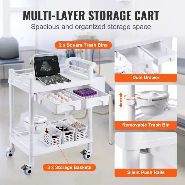 Alt view image 5 of 7 - VEVOR 2 Tiers Lab Carts Mobile Medical Cart 2 Trays 2 Drawers 3 Trash Cans White, Trolley Storage Cart with PP Material, Lab Rolling Cart with 4 Silent Wheels for Lab, Clinic, Hospital, Salon, Office