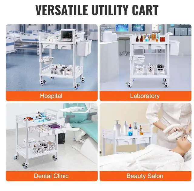 Alt view image 6 of 7 - VEVOR 2 Tiers Lab Carts Mobile Medical Cart 2 Trays 2 Drawers 3 Trash Cans White, Trolley Storage Cart with PP Material, Lab Rolling Cart with 4 Silent Wheels for Lab, Clinic, Hospital, Salon, Office