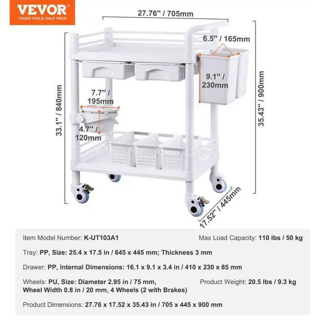 Alt view image 7 of 7 - VEVOR 2 Tiers Lab Carts Mobile Medical Cart 2 Trays 2 Drawers 3 Trash Cans White, Trolley Storage Cart with PP Material, Lab Rolling Cart with 4 Silent Wheels for Lab, Clinic, Hospital, Salon, Office