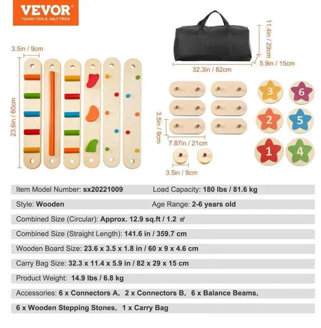 Alt view image 7 of 7 - VEVOR Kids Balance Beam Stepping Stones Gym Obstacle Children Balance Board 6PCS