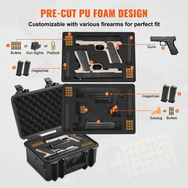 Alt view image 5 of 7 - VEVOR Hard Pistol Cases with Pre-cut PU Foam, Waterproof & Dustproof Hard Gun Case for 1 Pistol, 14.1×11.5×7.6 in Lockable Pistol Case, Black
