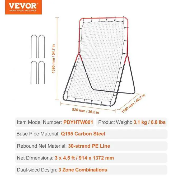 Alt view image 7 of 7 - VEVOR Baseball And Softball Rebounder Net 3x4.5 ft PitchBack 3-Way Trainer