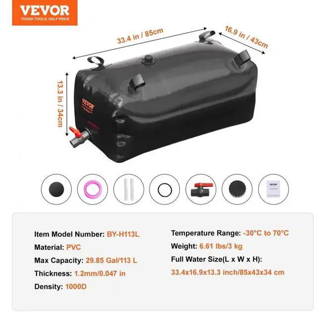 Alt view image 7 of 7 - VEVOR Portable Water Storage Bladder 29.9 Gal PVC Collapsible Water Tank Black