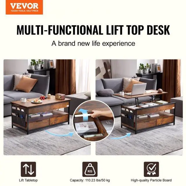 Alt view image 2 of 7 - VEVOR  Lift Up Coffee Table, 39.4 in Rectangle Coffee Table with Storage Drawers, Coffee Table with Charging Station & USB & LED Light, Hidden Compartments and Open Shelf for Living Room, Home, Offic