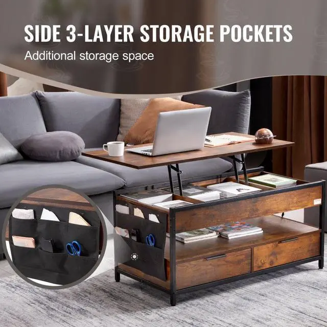 Alt view image 4 of 7 - VEVOR  Lift Up Coffee Table, 39.4 in Rectangle Coffee Table with Storage Drawers, Coffee Table with Charging Station & USB & LED Light, Hidden Compartments and Open Shelf for Living Room, Home, Offic