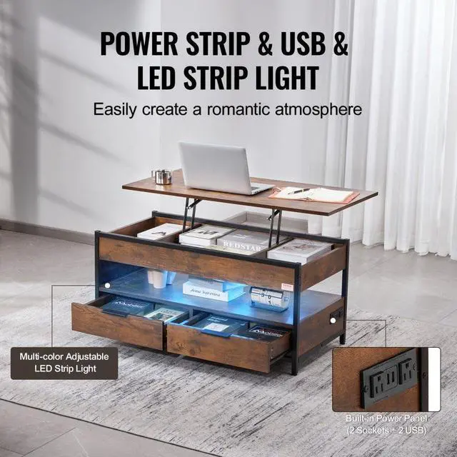 Alt view image 5 of 7 - VEVOR  Lift Up Coffee Table, 39.4 in Rectangle Coffee Table with Storage Drawers, Coffee Table with Charging Station & USB & LED Light, Hidden Compartments and Open Shelf for Living Room, Home, Offic