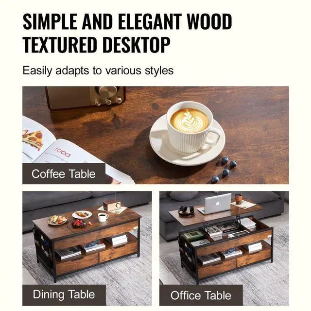 Alt view image 6 of 7 - VEVOR  Lift Up Coffee Table, 39.4 in Rectangle Coffee Table with Storage Drawers, Coffee Table with Charging Station & USB & LED Light, Hidden Compartments and Open Shelf for Living Room, Home, Offic