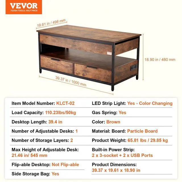 Alt view image 7 of 7 - VEVOR  Lift Up Coffee Table, 39.4 in Rectangle Coffee Table with Storage Drawers, Coffee Table with Charging Station & USB & LED Light, Hidden Compartments and Open Shelf for Living Room, Home, Offic