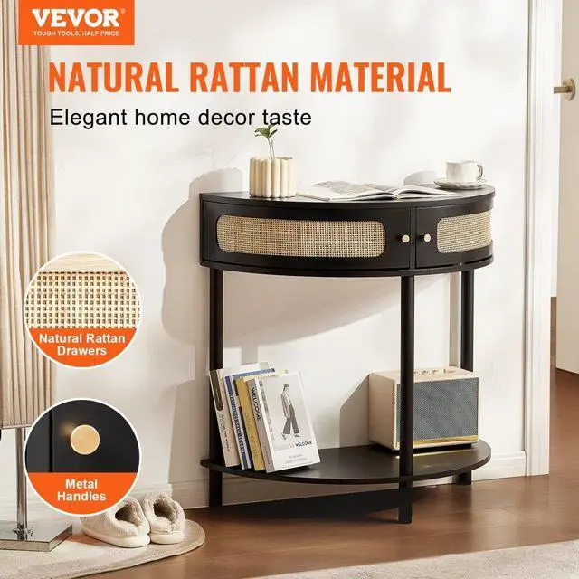 Alt view image 2 of 7 - VEVOR Half-moon Rattan Console Table 2 Storage Drawers 31.88x15.74x32.28inch Rattan Sliding Door Black, Rattan Entryway Table with Storage, Small Console Tables for Entryway, Entry Table for Hallway,