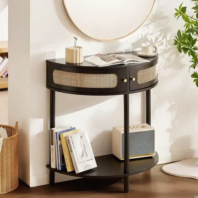Main image of VEVOR Half-moon Rattan Console Table 2 Storage Drawers 31.88x15.74x32.28inch Rattan Sliding Door Black, Rattan Entryway Table with Storage, Small Console Tables for Entryway, Entry Table for Hallway,