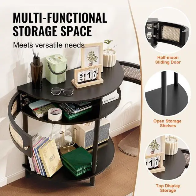 Alt view image 3 of 7 - VEVOR Half-moon Rattan Console Table 2 Storage Drawers 31.88x15.74x32.28inch Rattan Sliding Door Black, Rattan Entryway Table with Storage, Small Console Tables for Entryway, Entry Table for Hallway,