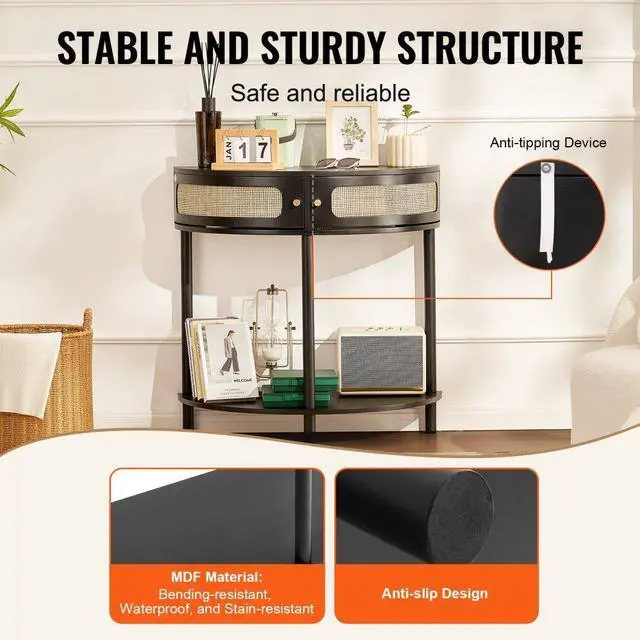 Alt view image 5 of 7 - VEVOR Half-moon Rattan Console Table 2 Storage Drawers 31.88x15.74x32.28inch Rattan Sliding Door Black, Rattan Entryway Table with Storage, Small Console Tables for Entryway, Entry Table for Hallway,