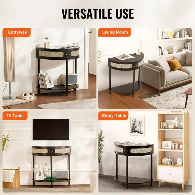 Alt view image 6 of 7 - VEVOR Half-moon Rattan Console Table 2 Storage Drawers 31.88x15.74x32.28inch Rattan Sliding Door Black, Rattan Entryway Table with Storage, Small Console Tables for Entryway, Entry Table for Hallway,