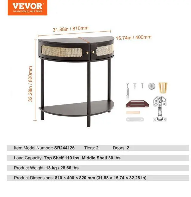 Alt view image 7 of 7 - VEVOR Half-moon Rattan Console Table 2 Storage Drawers 31.88x15.74x32.28inch Rattan Sliding Door Black, Rattan Entryway Table with Storage, Small Console Tables for Entryway, Entry Table for Hallway,