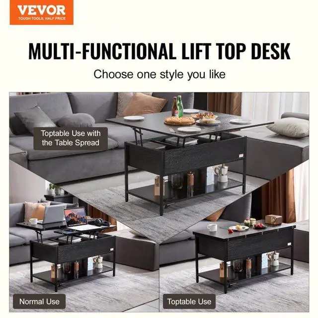 Alt view image 2 of 7 - VEVOR  Lift Up Coffee Table, 39.4 in Rectangle Coffee Table with Storage Drawers, Coffee Table with Charging Station & USB & LED Light, Hidden Compartments and Open Shelf for Living Room, Home, Offic