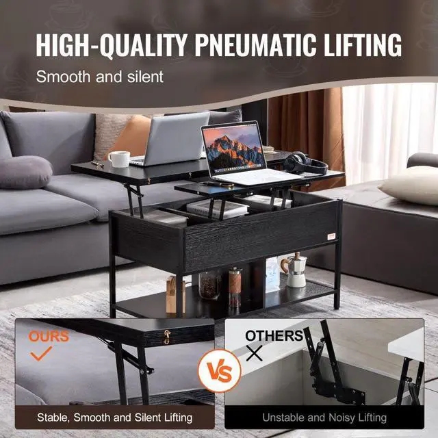 Alt view image 3 of 7 - VEVOR  Lift Up Coffee Table, 39.4 in Rectangle Coffee Table with Storage Drawers, Coffee Table with Charging Station & USB & LED Light, Hidden Compartments and Open Shelf for Living Room, Home, Offic