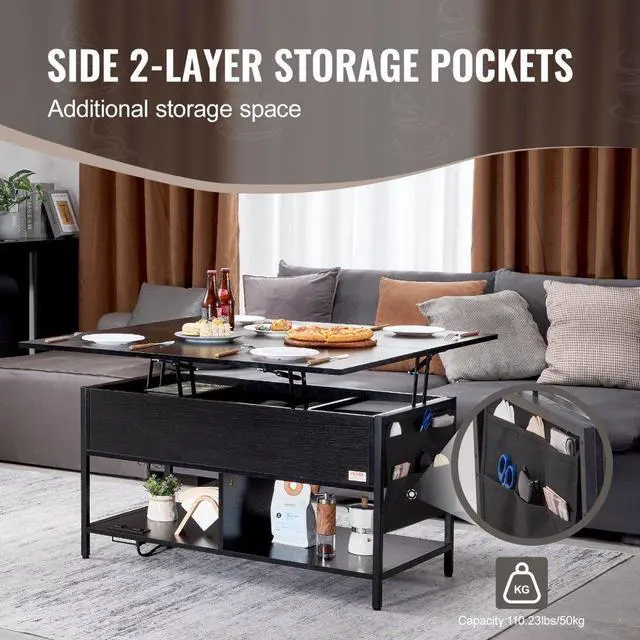 Alt view image 4 of 7 - VEVOR  Lift Up Coffee Table, 39.4 in Rectangle Coffee Table with Storage Drawers, Coffee Table with Charging Station & USB & LED Light, Hidden Compartments and Open Shelf for Living Room, Home, Offic