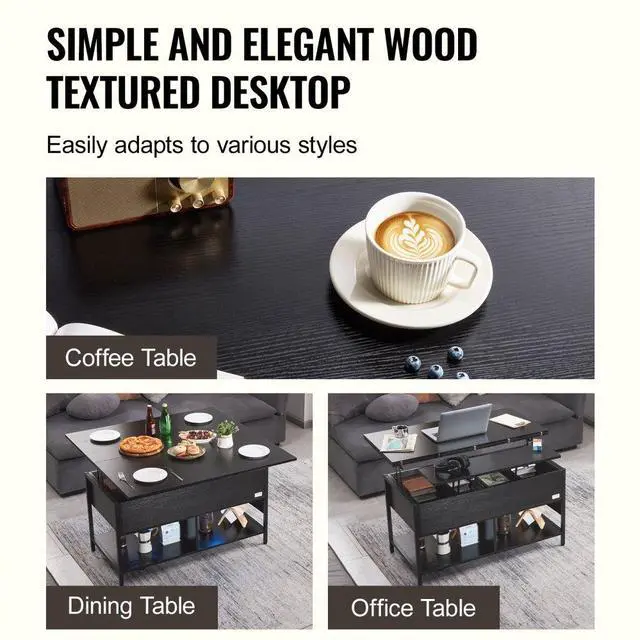 Alt view image 6 of 7 - VEVOR  Lift Up Coffee Table, 39.4 in Rectangle Coffee Table with Storage Drawers, Coffee Table with Charging Station & USB & LED Light, Hidden Compartments and Open Shelf for Living Room, Home, Offic