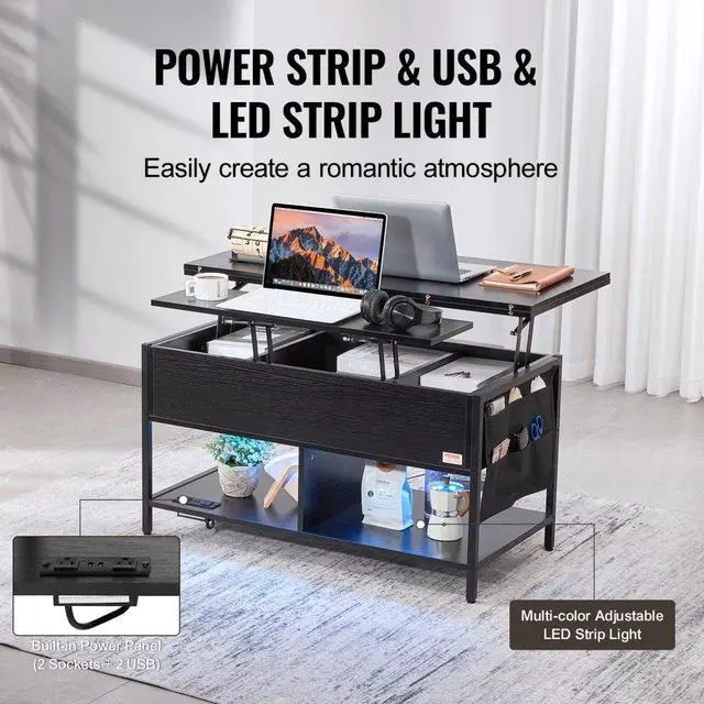 Alt view image 5 of 7 - VEVOR  Lift Up Coffee Table, 39.4 in Rectangle Coffee Table with Storage Drawers, Coffee Table with Charging Station & USB & LED Light, Hidden Compartments and Open Shelf for Living Room, Home, Offic