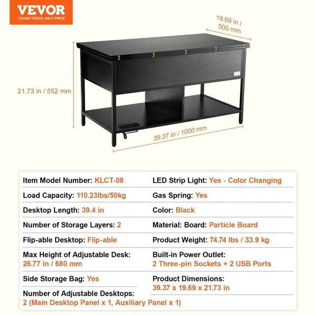 Alt view image 7 of 7 - VEVOR  Lift Up Coffee Table, 39.4 in Rectangle Coffee Table with Storage Drawers, Coffee Table with Charging Station & USB & LED Light, Hidden Compartments and Open Shelf for Living Room, Home, Offic