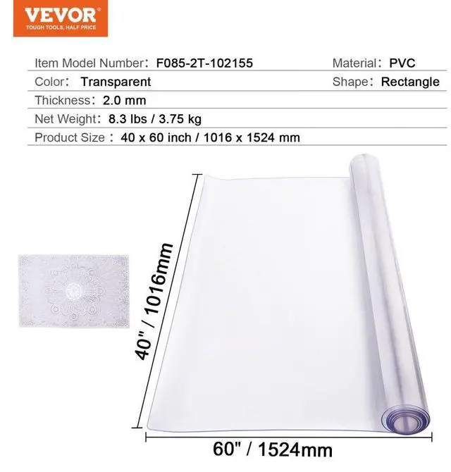 Alt view image 7 of 7 - VEVOR PVC Table Protector 40x60 Inch Clear Plastic Desk Protector 2.0mm Thick