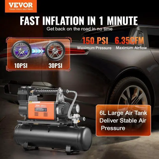 Alt view image 2 of 7 - VEVOR Heavy Duty Air Compressor & 6L Tank 6.35CFM Portable Tire Inflator 150PSI