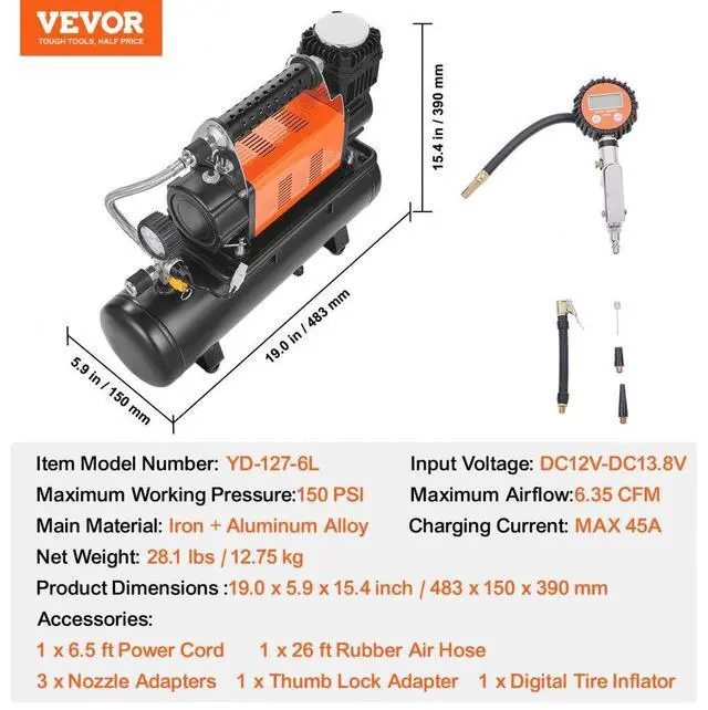 Alt view image 7 of 7 - VEVOR Heavy Duty Air Compressor & 6L Tank 6.35CFM Portable Tire Inflator 150PSI