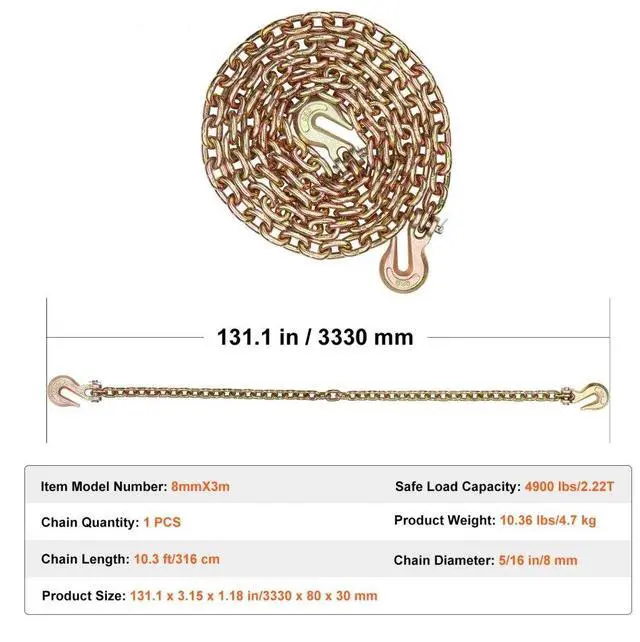 Alt view image 7 of 7 - VEVOR Binder Chain G80 Tie Down Tow Chain with Two Hooks 5/16" x 10.3' 4900 lbs