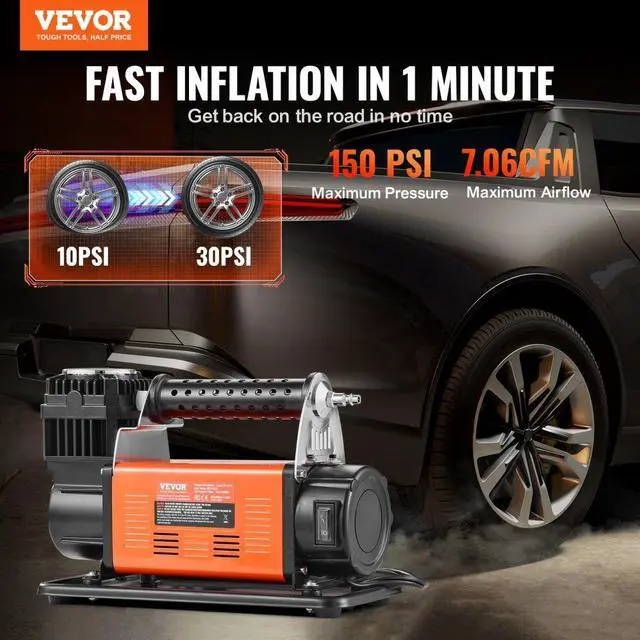 Alt view image 2 of 7 - VEVOR 12V Heavy Duty Portable Air Compressor Car Tire Inflator 7.06CFM 150PSI