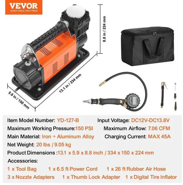 Alt view image 7 of 7 - VEVOR 12V Heavy Duty Portable Air Compressor Car Tire Inflator 7.06CFM 150PSI