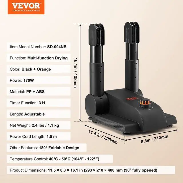 Alt view image 7 of 7 - VEVOR 180° Foldable 2-Tube Shoe Dryer Boot Dryer with Heat Blower Black & Orange,Ultra Silent, Quick Drying for Work Boots, Ski Boots, Sneakers, Gloves, Hats, Helmets