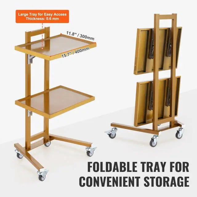 Alt view image 5 of 7 - VEVOR  2 Tiers Stainless Steel Lab Carts with 2 Trays & 4 Silent Wheels Golden, Lab Serving Cart Utility Cart Stainless Steel Medical Cart, Lab Carts with 2 Drawers & Top Tray, Lab Rolling Cart for L