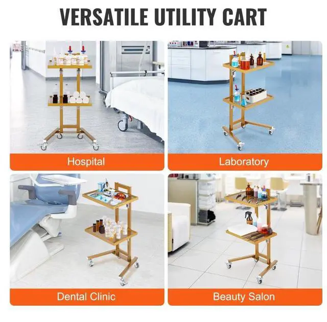 Alt view image 6 of 7 - VEVOR  2 Tiers Stainless Steel Lab Carts with 2 Trays & 4 Silent Wheels Golden, Lab Serving Cart Utility Cart Stainless Steel Medical Cart, Lab Carts with 2 Drawers & Top Tray, Lab Rolling Cart for L