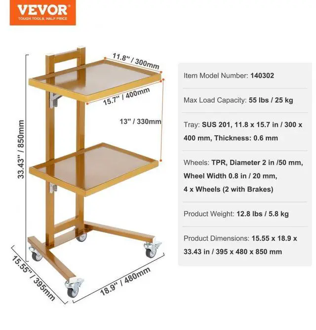 Alt view image 7 of 7 - VEVOR  2 Tiers Stainless Steel Lab Carts with 2 Trays & 4 Silent Wheels Golden, Lab Serving Cart Utility Cart Stainless Steel Medical Cart, Lab Carts with 2 Drawers & Top Tray, Lab Rolling Cart for L