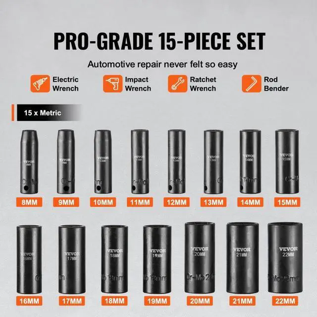 Alt view image 3 of 7 - VEVOR Impact Sockets Set 15pcs 6-Point 3/8in Drive Bit Ratchet Tool Kit Case