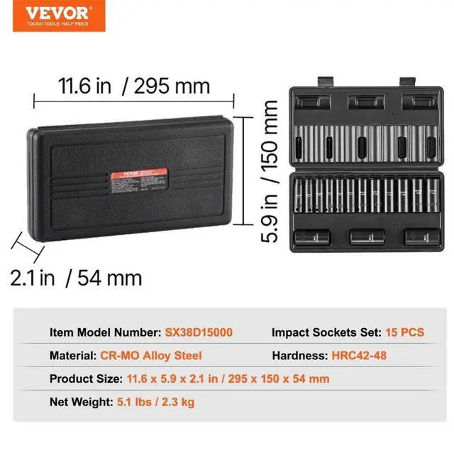 Alt view image 7 of 7 - VEVOR Impact Sockets Set 15pcs 6-Point 3/8in Drive Bit Ratchet Tool Kit Case