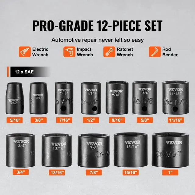 Alt view image 3 of 7 - VEVOR Impact Sockets Set 12pcs 6-Point 3/8in Drive Bit Ratchet Tool Kit Case