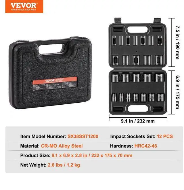 Alt view image 7 of 7 - VEVOR Impact Sockets Set 12pcs 6-Point 3/8in Drive Bit Ratchet Tool Kit Case