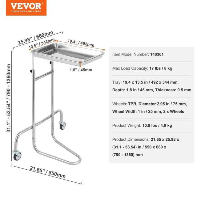 Alt view image 7 of 7 - VEVOR  Stainless Steel Lab Cart with Single Tray & 2 Silent Wheels for Lab Clinic, Lab Serving Cart Utility Cart Stainless Steel Medical Cart, Lab Carts with 1 Drawers & Top Tray, Lab Rolling Cart fo