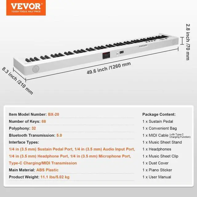 Alt view image 7 of 7 - VEVOR 88 Key Folding Keyboard Piano Portable Foldable Piano Bluetooth MIDI White